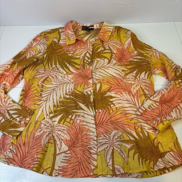 Tahari 100% Linen Yellow, Green, Cream Tropical Leaf Print Shirt Size XL X0479 - Picture 4 of 9